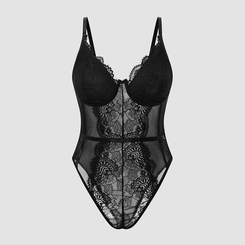 Floral Lace Underwire Sheer Bodysuit - black - 12