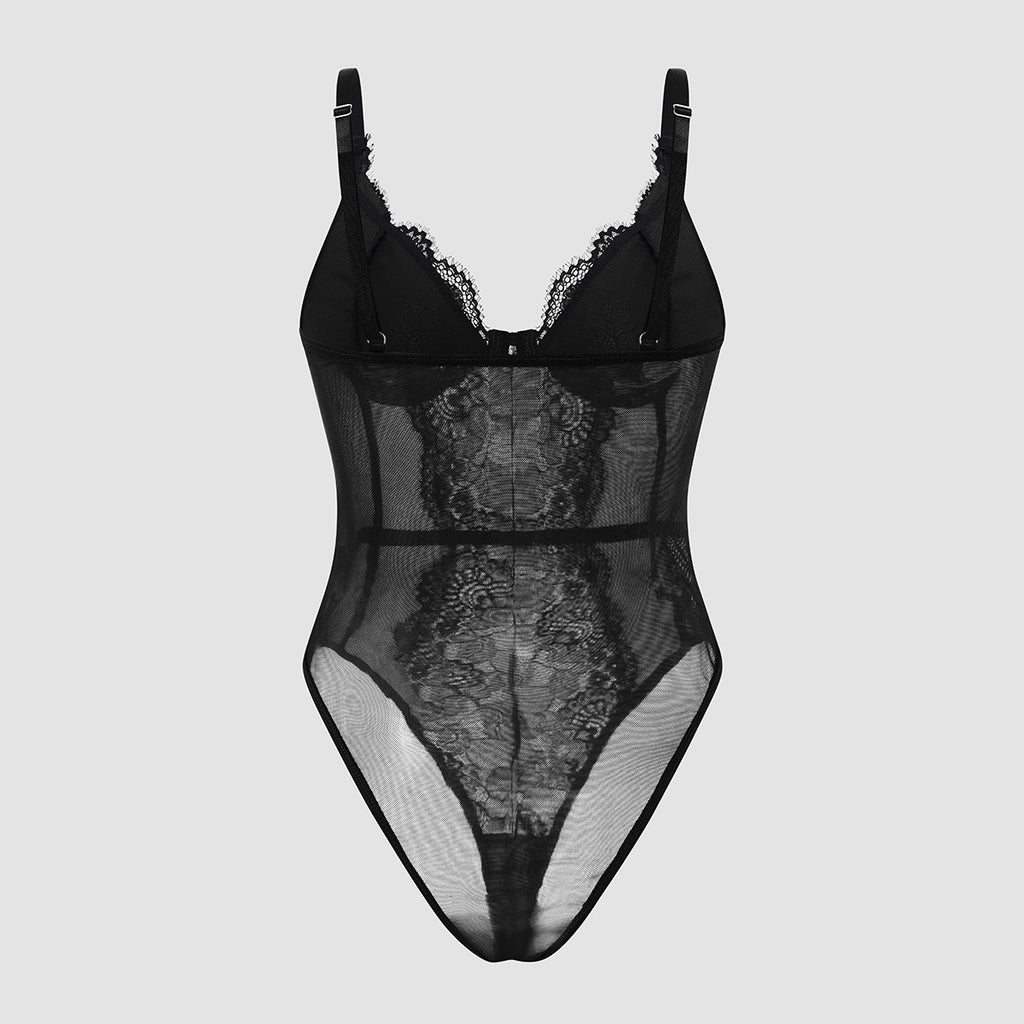 Floral Lace Underwire Sheer Bodysuit - black - 13