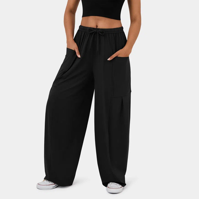 High Waist Wide Leg Drawstring Pants - Black