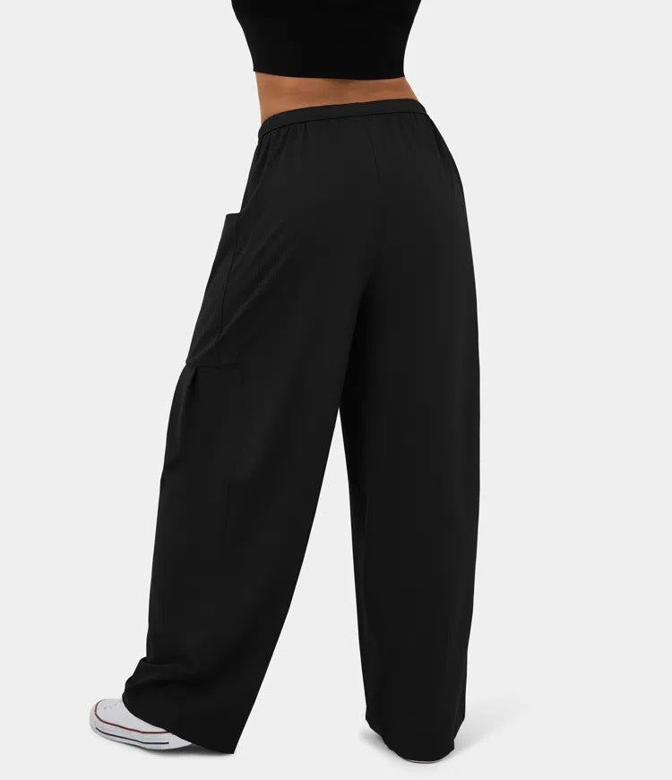 High Waist Wide Leg Drawstring Pants - Black - 2