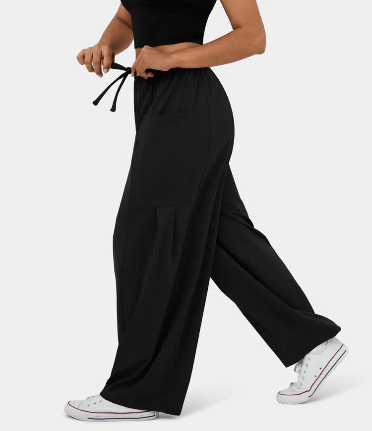 High Waist Wide Leg Drawstring Pants - Black - 3