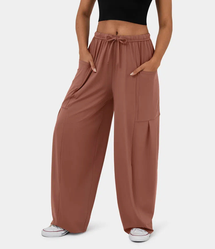 High Waist Wide Leg Drawstring Pants - Brown - 1