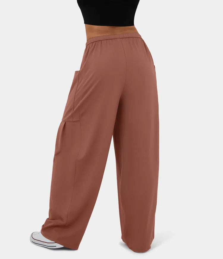 High Waist Wide Leg Drawstring Pants - Brown - 2