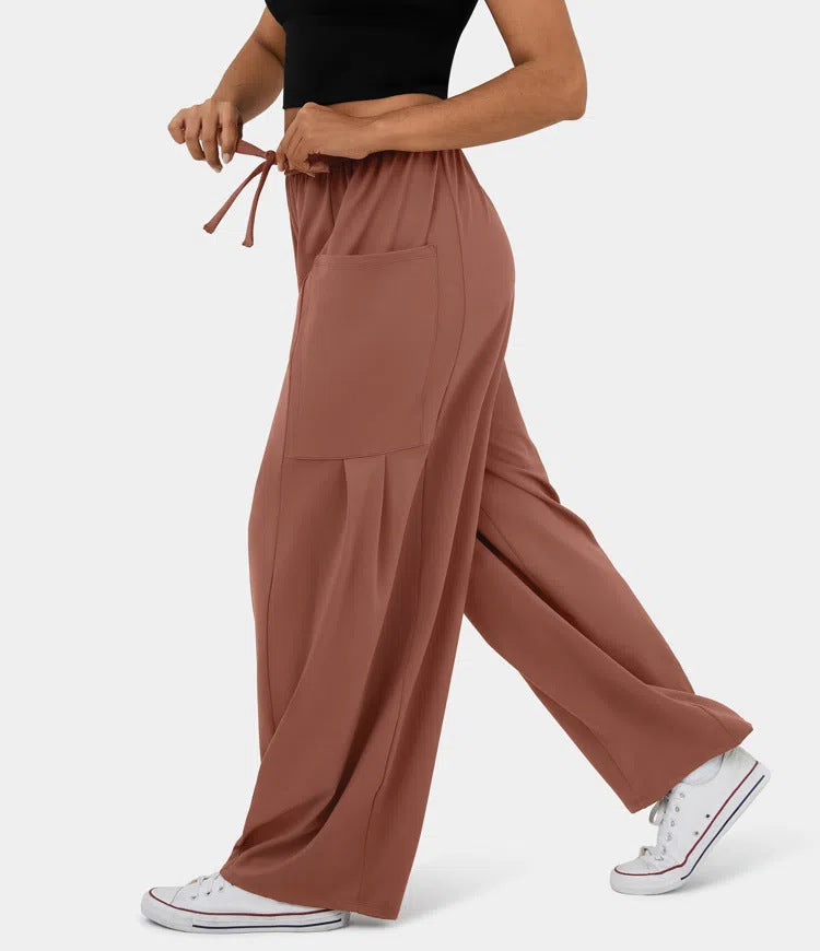 High Waist Wide Leg Drawstring Pants - Brown - 3