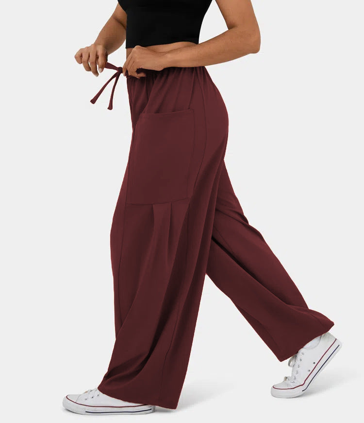 High Waist Wide Leg Drawstring Pants - Burgundy - 2