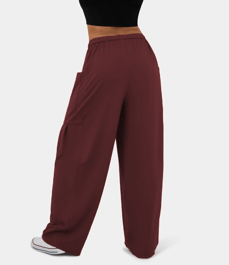 High Waist Wide Leg Drawstring Pants - Burgundy - 3