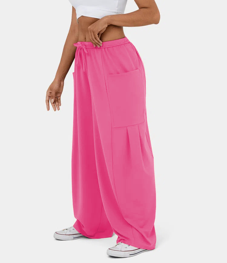 High Waist Wide Leg Drawstring Pants - Fuchsia