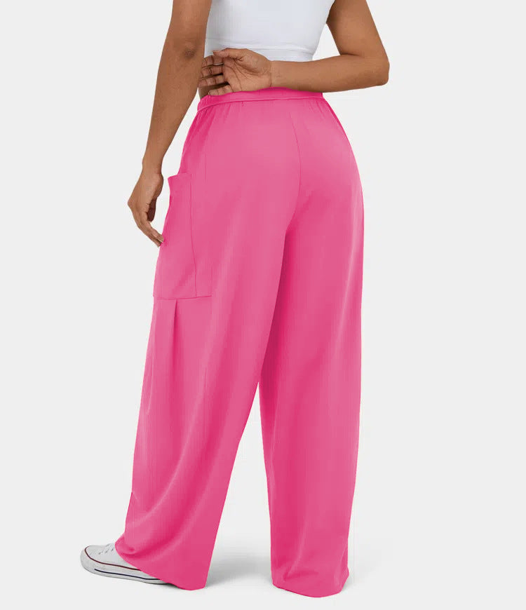 High Waist Wide Leg Drawstring Pants - Fuchsia - 2