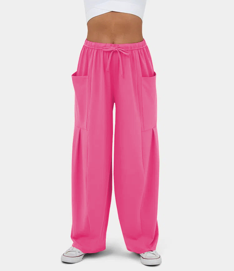 High Waist Wide Leg Drawstring Pants - Fuchsia - 3