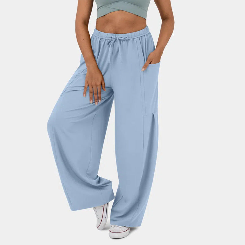 High Waist Wide Leg Drawstring Pants - Lightblue
