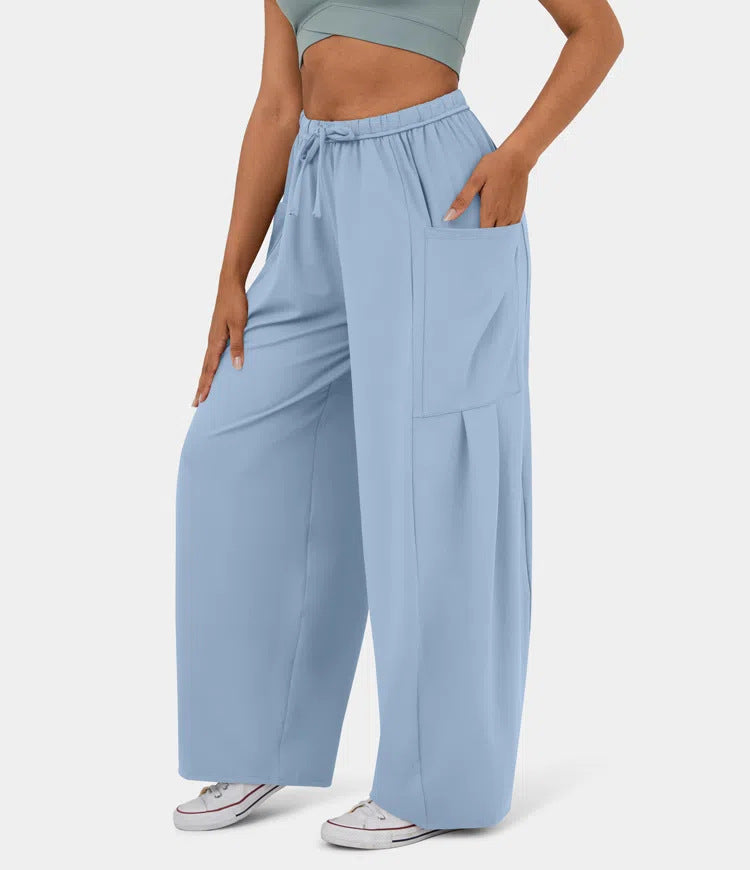 High Waist Wide Leg Drawstring Pants - Lightblue - 1