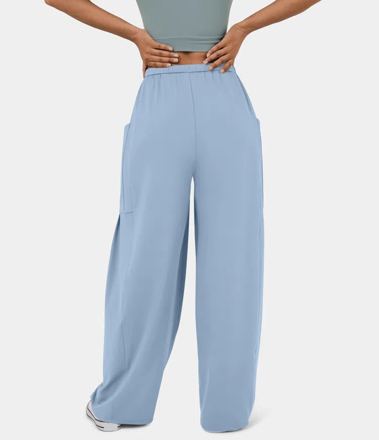 High Waist Wide Leg Drawstring Pants - Lightblue - 2