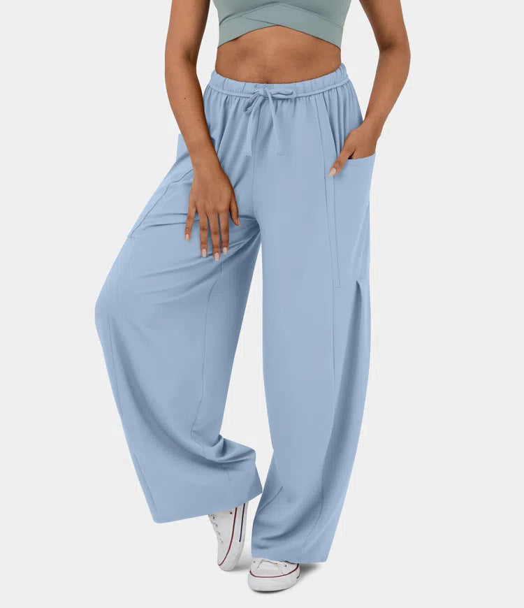 High Waist Wide Leg Drawstring Pants - Lightblue - 3