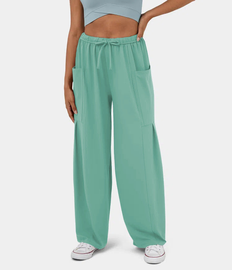 High Waist Wide Leg Drawstring Pants - Lt_green