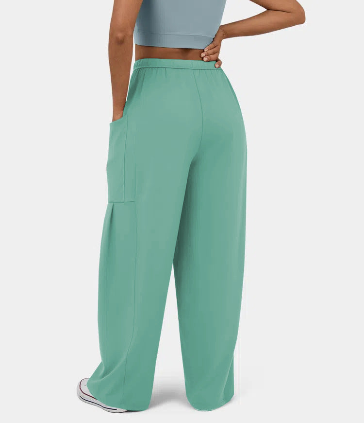 High Waist Wide Leg Drawstring Pants - Lt_green - 2