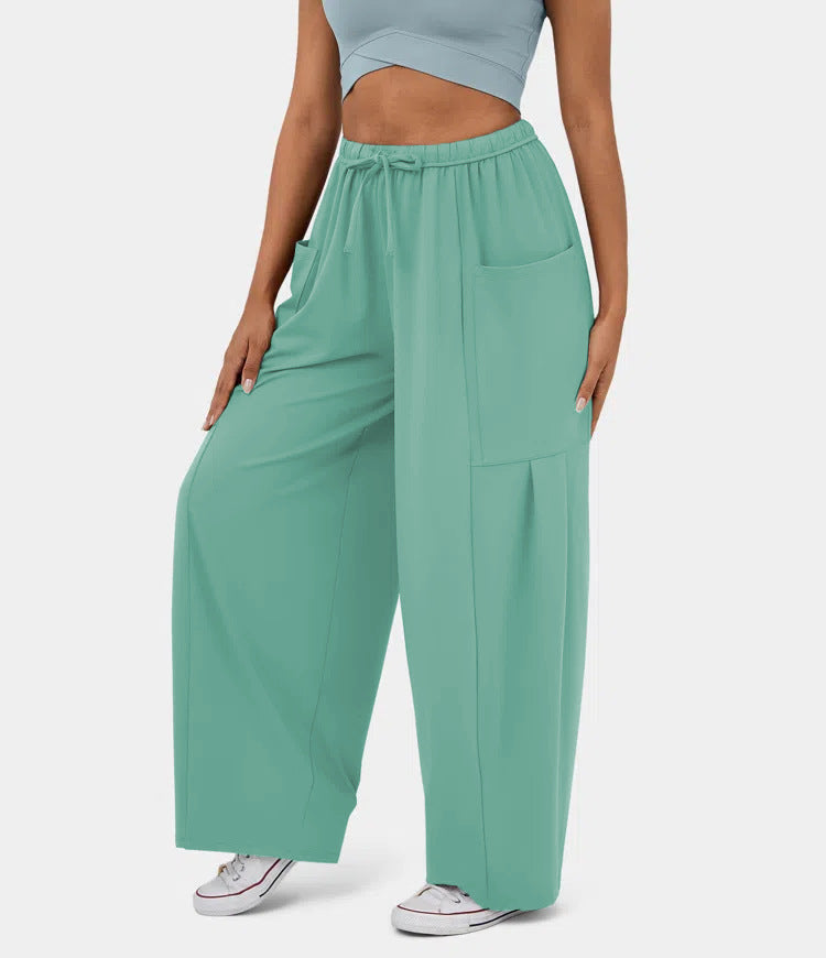 High Waist Wide Leg Drawstring Pants - Lt_green - 3
