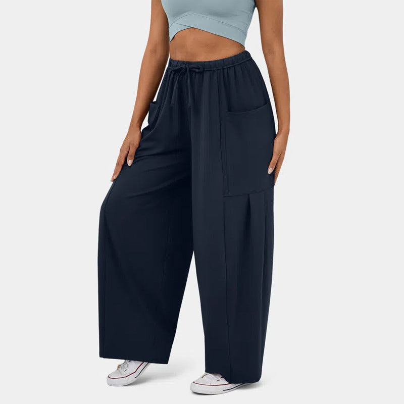 High Waist Wide Leg Drawstring Pants - Navy