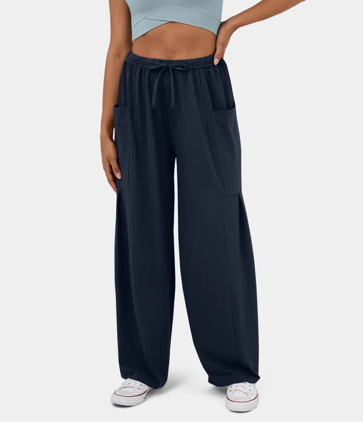High Waist Wide Leg Drawstring Pants - Navy - 1