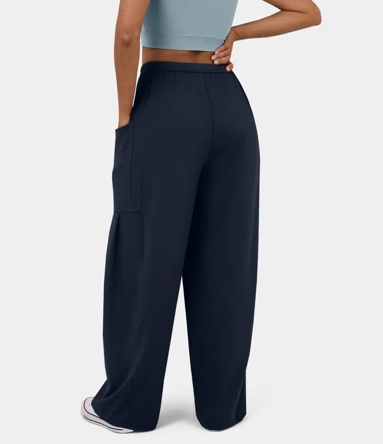 High Waist Wide Leg Drawstring Pants - Navy - 2