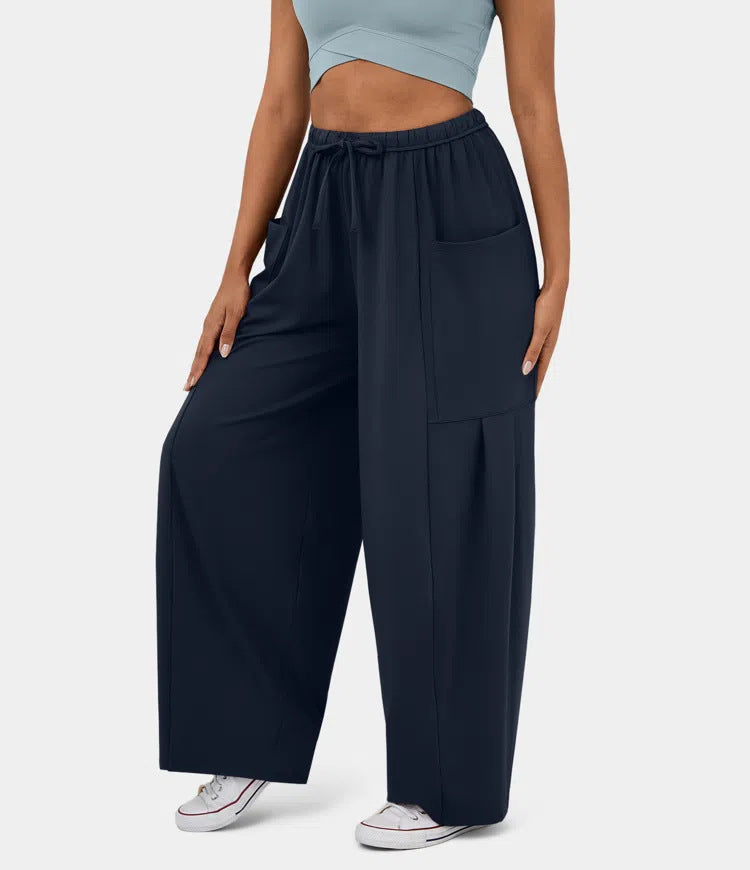 High Waist Wide Leg Drawstring Pants - Navy - 3