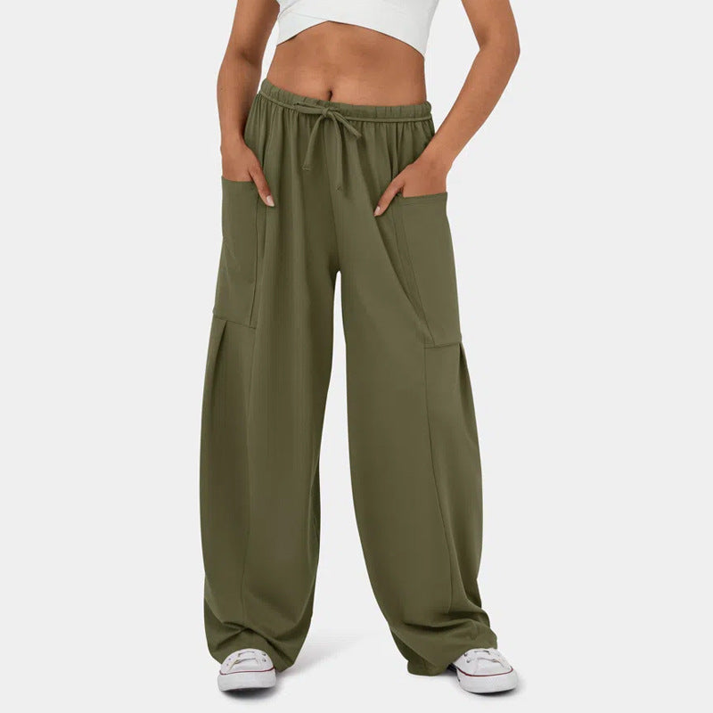 High Waist Wide Leg Drawstring Pants - Olive
