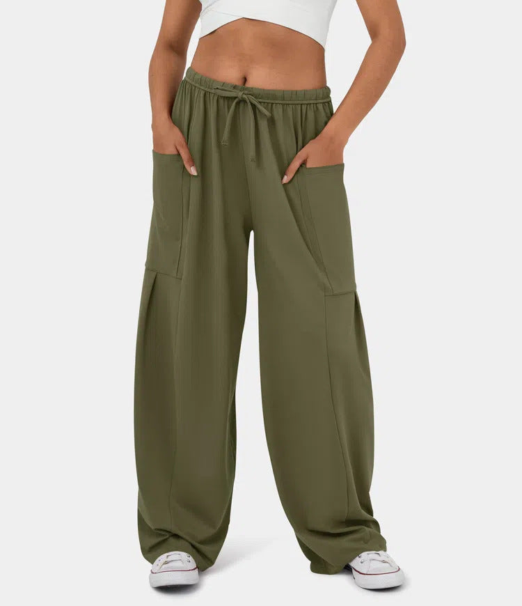 High Waist Wide Leg Drawstring Pants - Olive - 1
