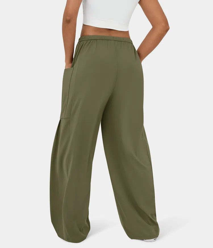 High Waist Wide Leg Drawstring Pants - Olive - 2