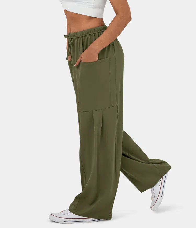 High Waist Wide Leg Drawstring Pants - Olive - 3