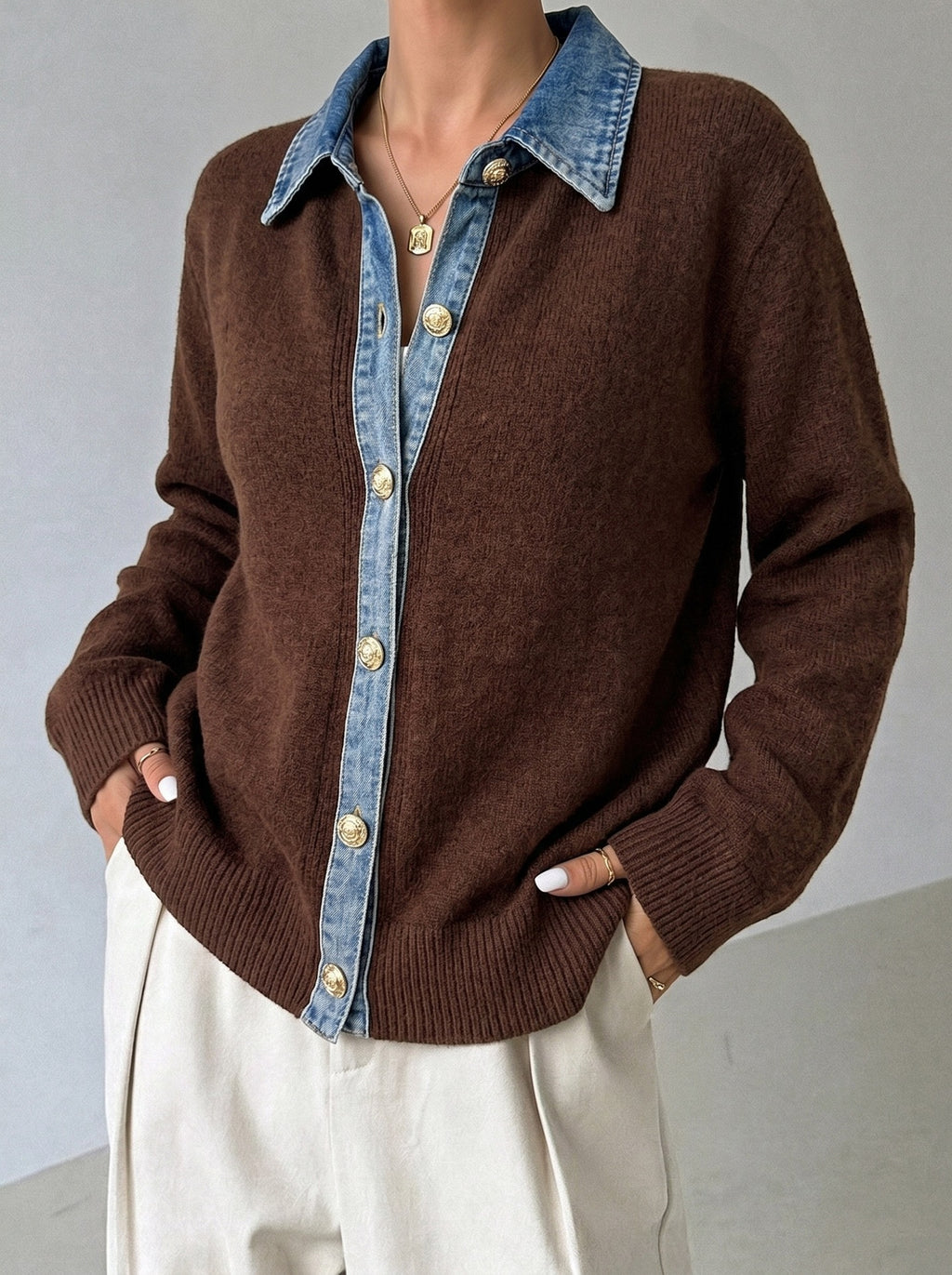 Denim Trim Button Front Knit Cardigan - Coffee