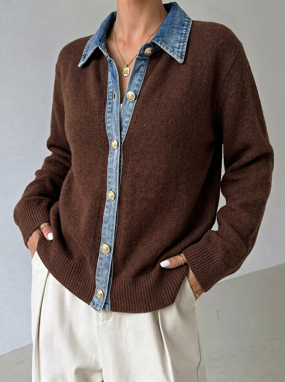 Denim Trim Button Front Knit Cardigan - Coffee