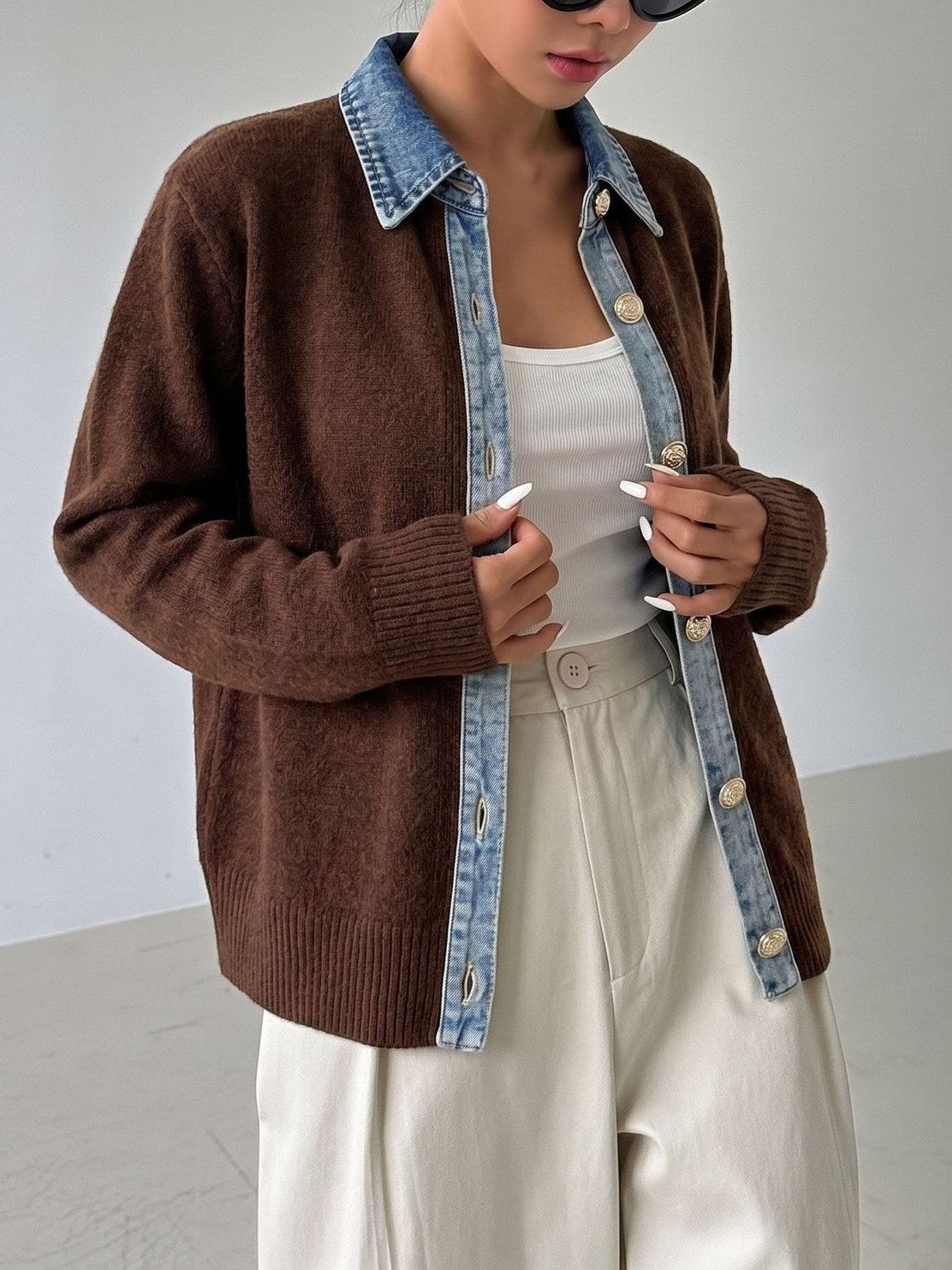 Denim Trim Button Front Knit Cardigan - Coffee - 1