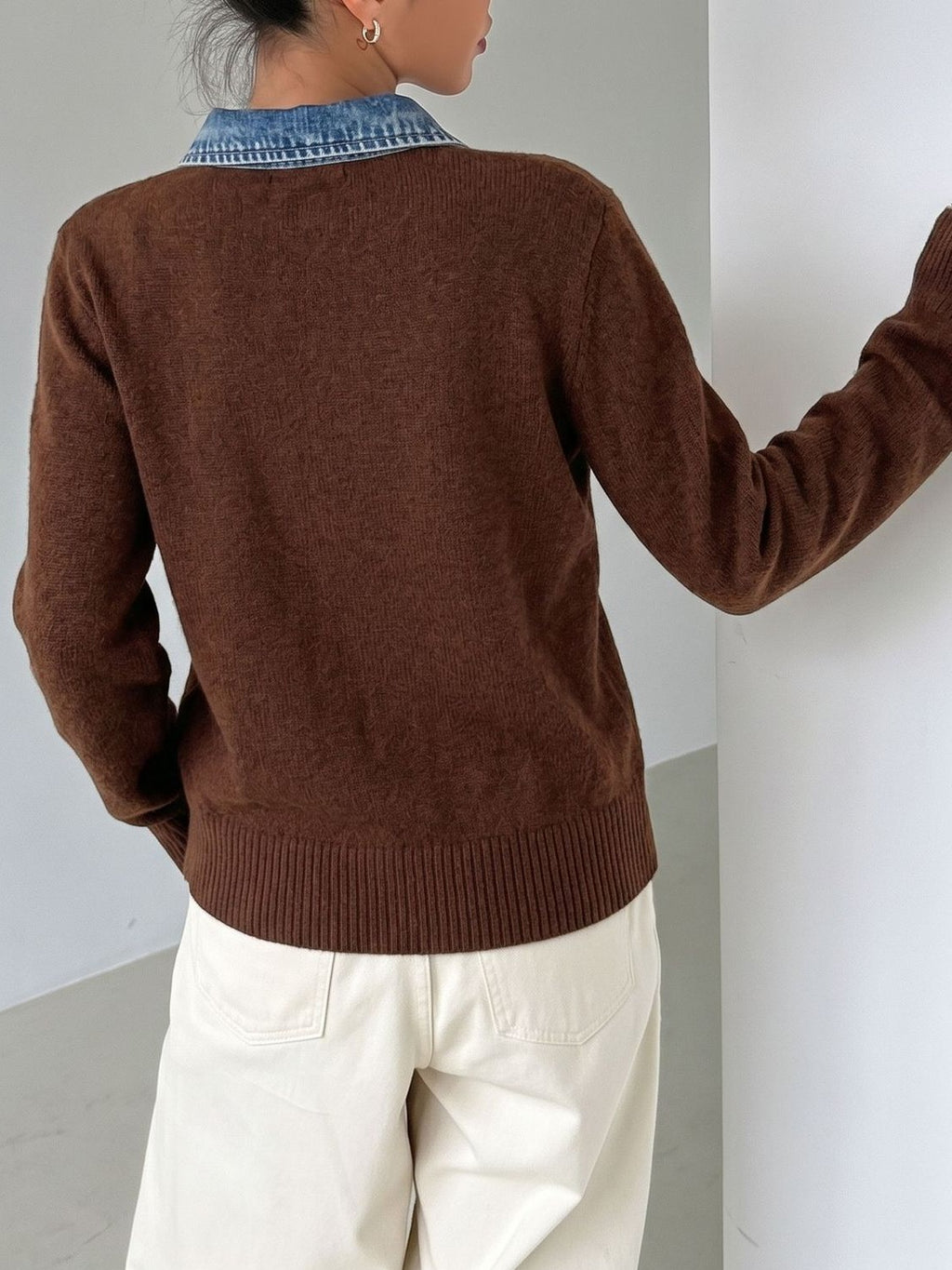 Denim Trim Button Front Knit Cardigan - Coffee - 2