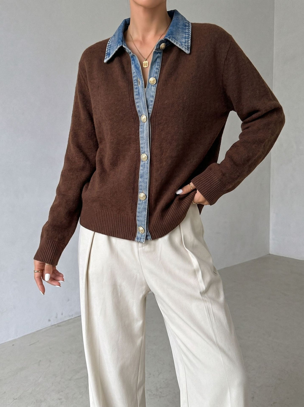 Denim Trim Button Front Knit Cardigan - Coffee - 3