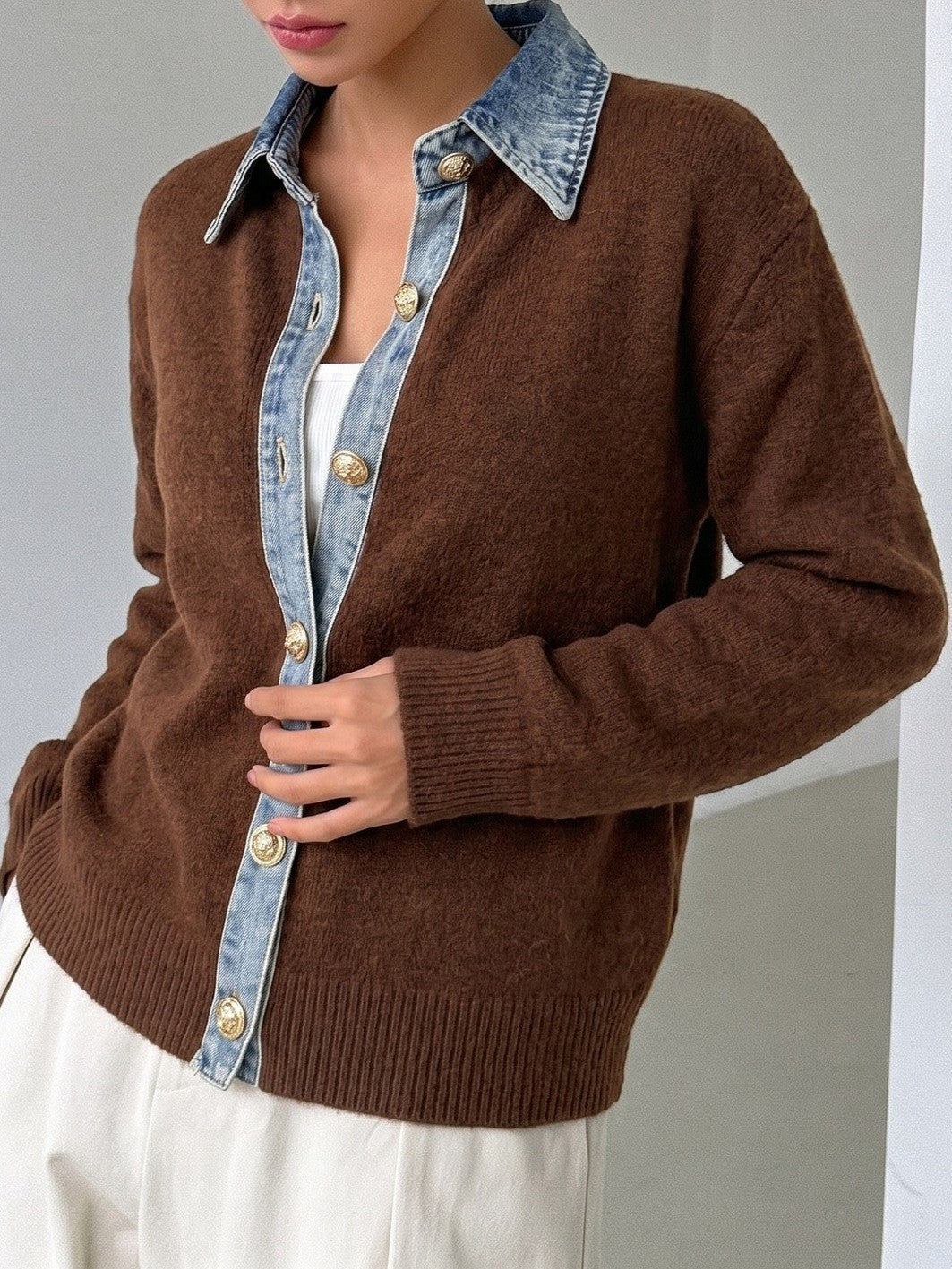 Denim Trim Button Front Knit Cardigan - Coffee - 4