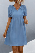 Ruffle Trim Babydoll Tie Neck Dress - Blue