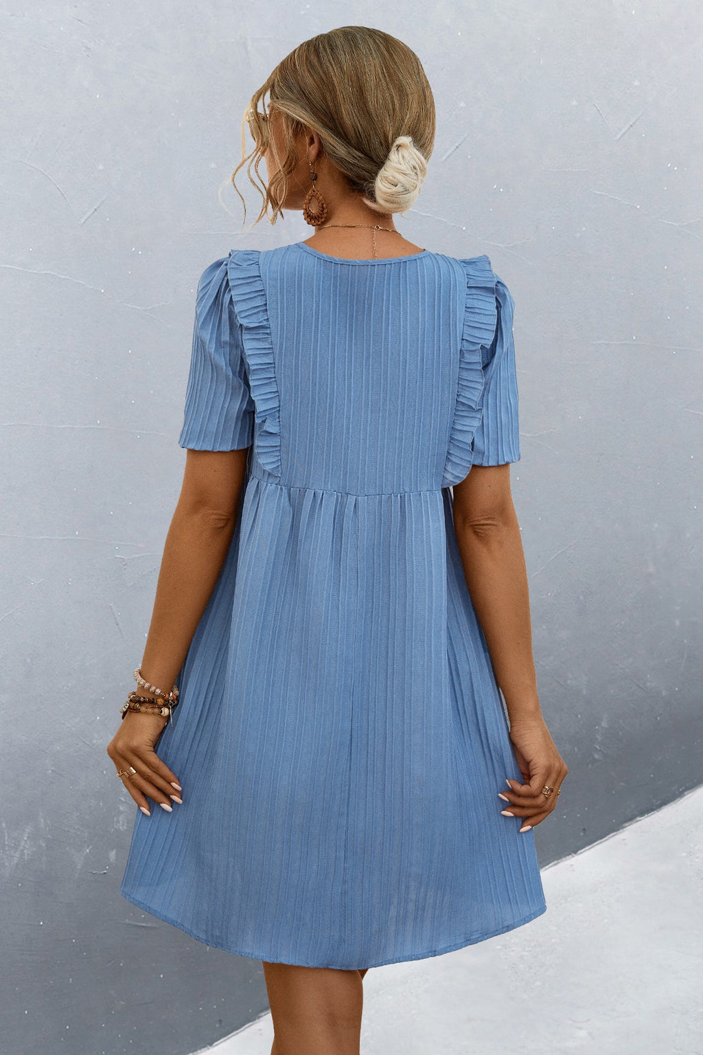 Ruffle Trim Babydoll Tie Neck Dress - Blue - 5