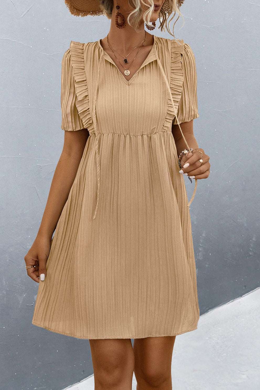 Ruffle Trim Babydoll Tie Neck Dress - Taupe - 1