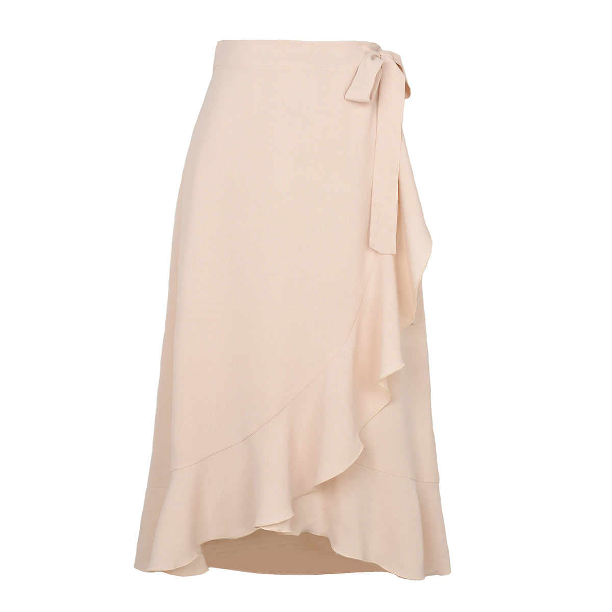 Ruffle Front Tie Waist Wrap Midi Skirt - Beige