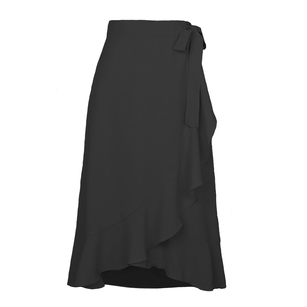 Ruffle Front Tie Waist Wrap Midi Skirt - Black