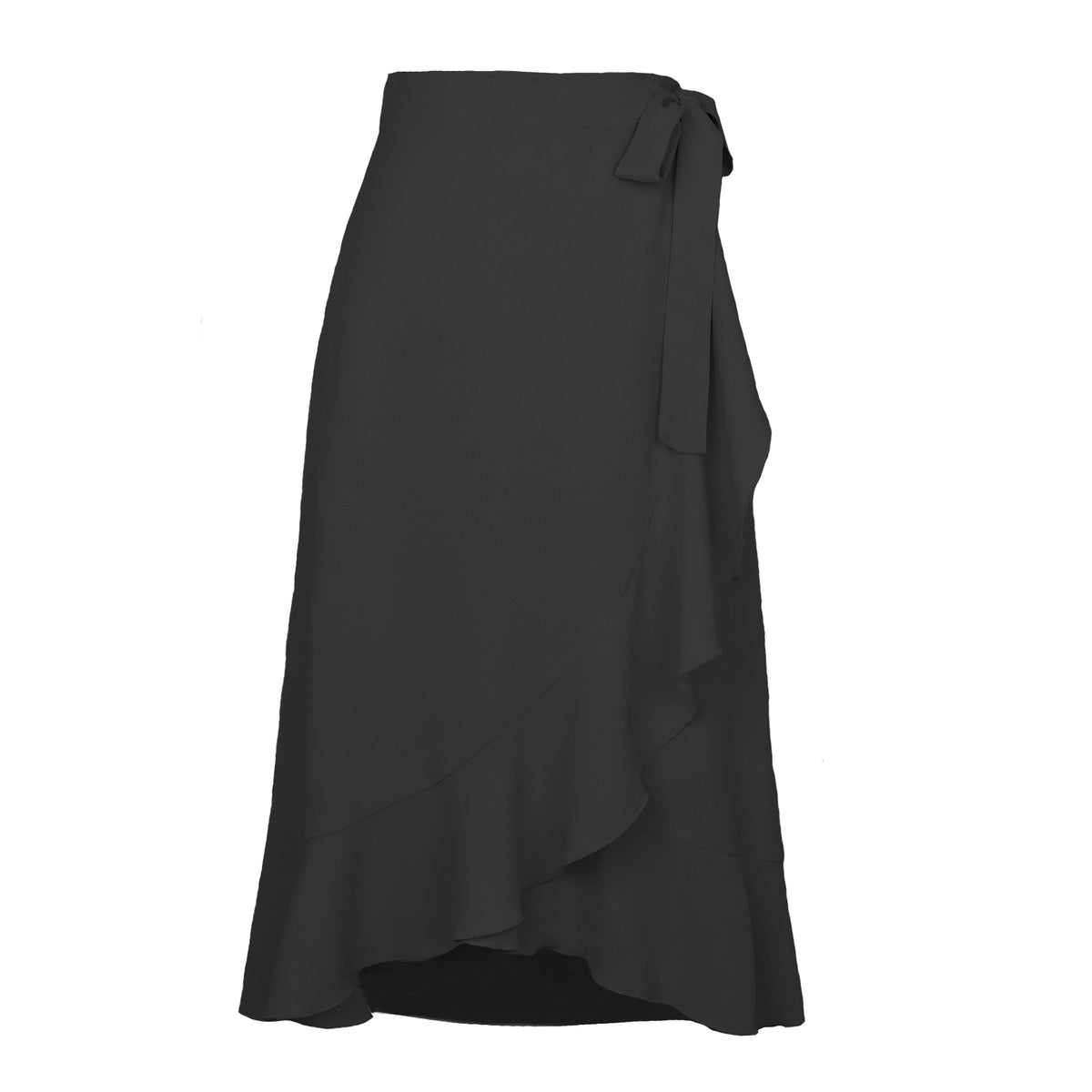 Ruffle Front Tie Waist Wrap Midi Skirt - Black
