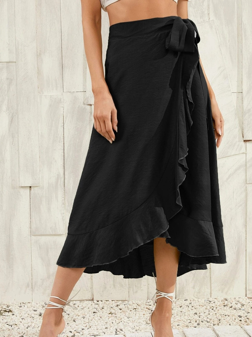 Ruffle Front Tie Waist Wrap Midi Skirt - Black - 1