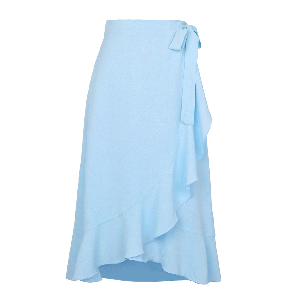 Ruffle Front Tie Waist Wrap Midi Skirt - Blue