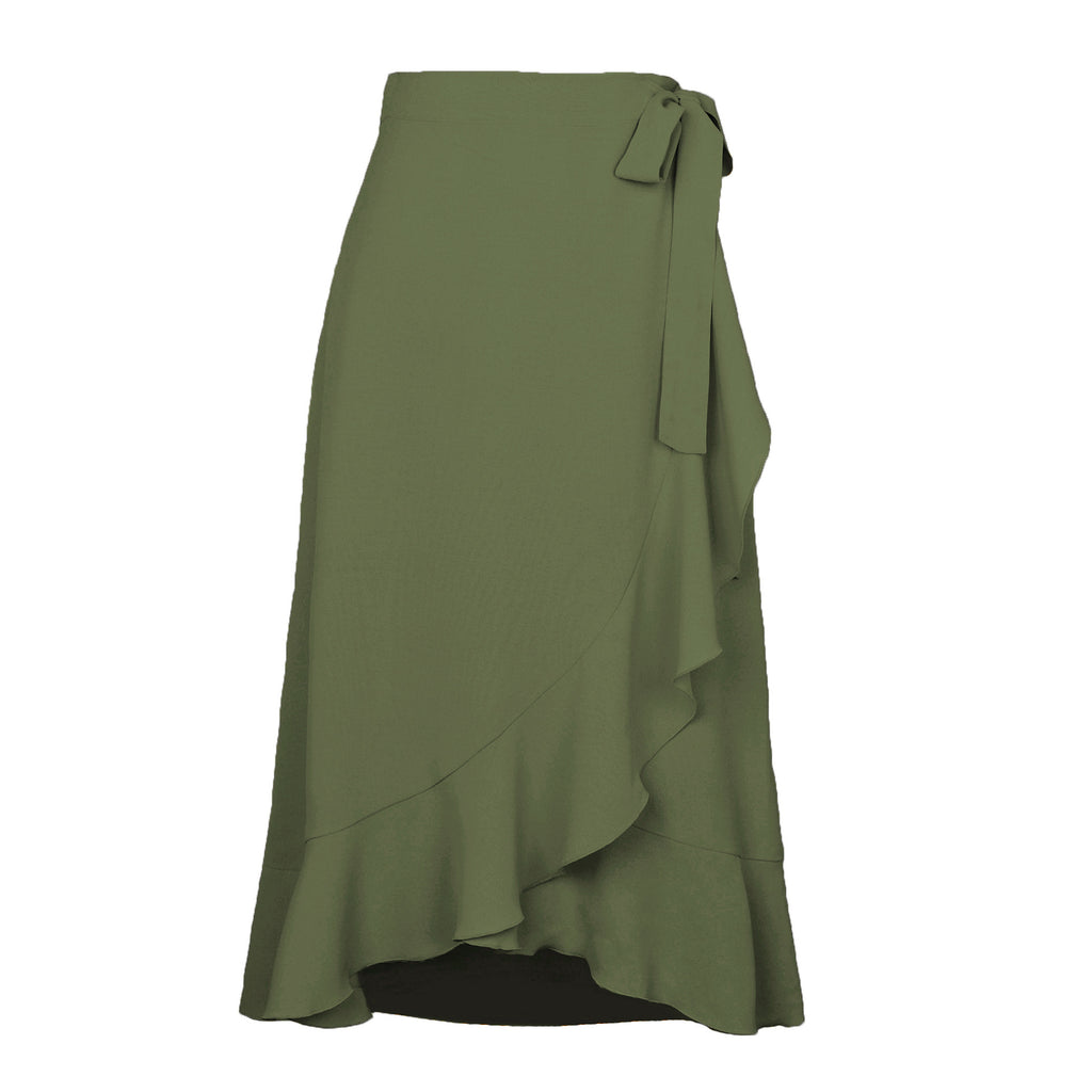 Ruffle Front Tie Waist Wrap Midi Skirt - Green