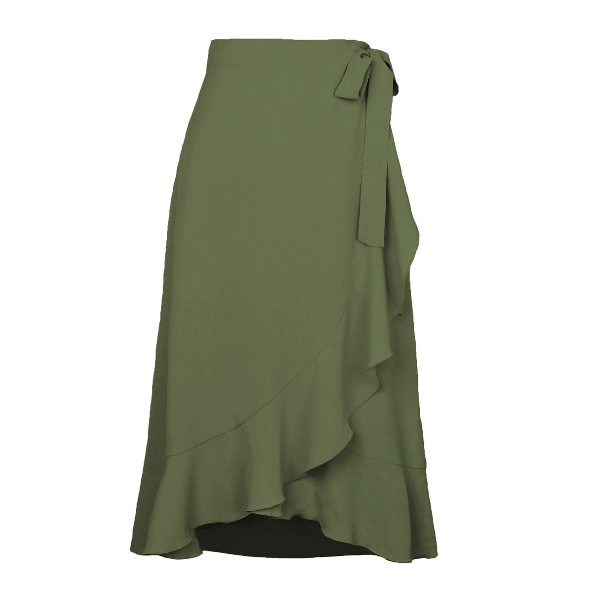 Ruffle Front Tie Waist Wrap Midi Skirt - Green