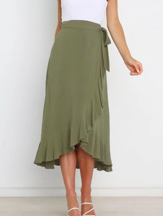 Ruffle Front Tie Waist Wrap Midi Skirt - Green - 1