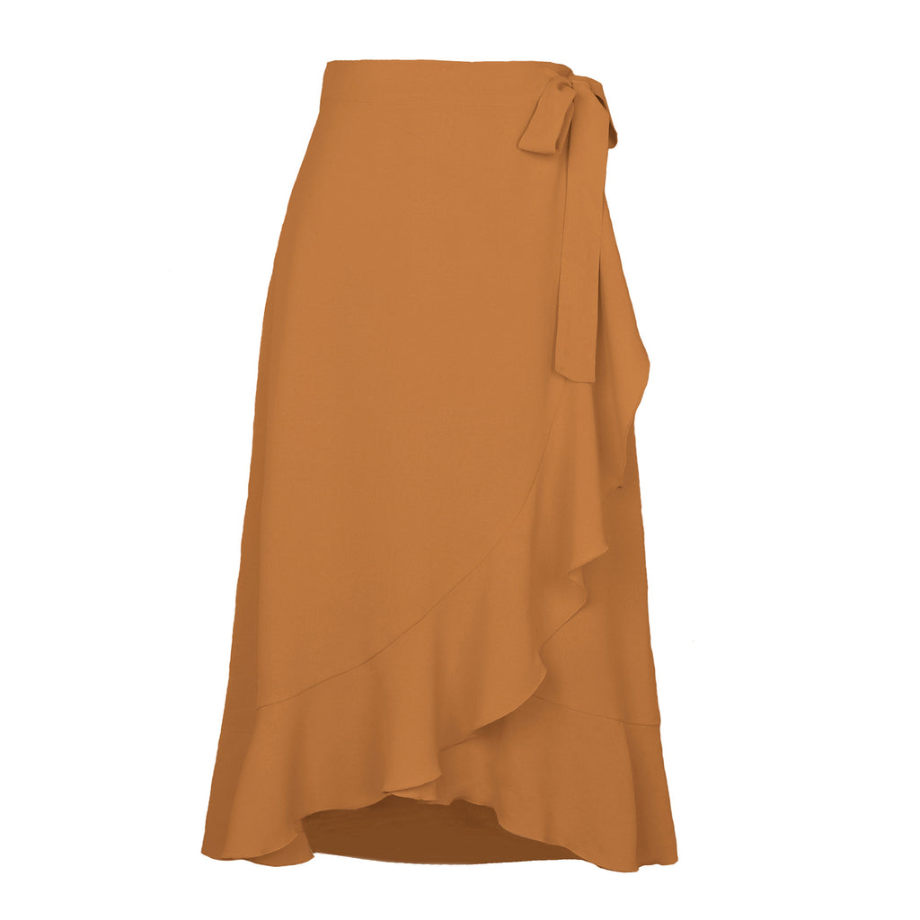 Ruffle Front Tie Waist Wrap Midi Skirt - Khaki
