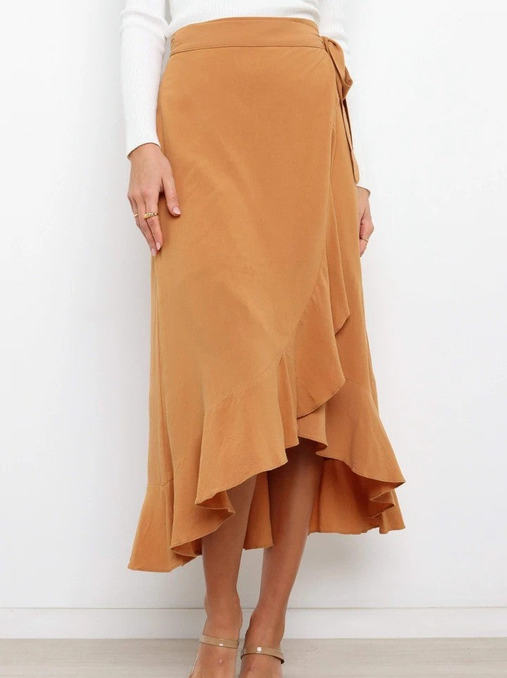 Ruffle Front Tie Waist Wrap Midi Skirt - Khaki - 1