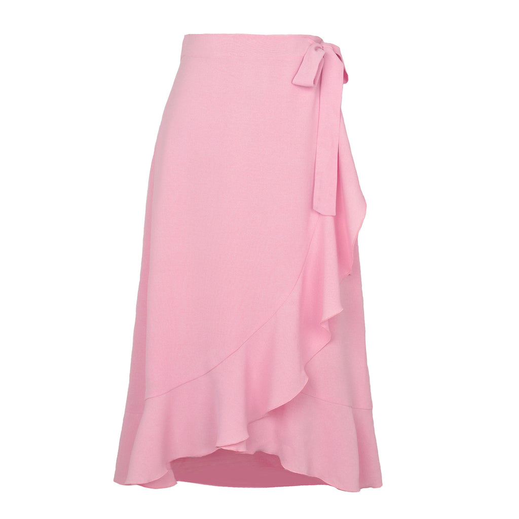 Ruffle Front Tie Waist Wrap Midi Skirt - Pink