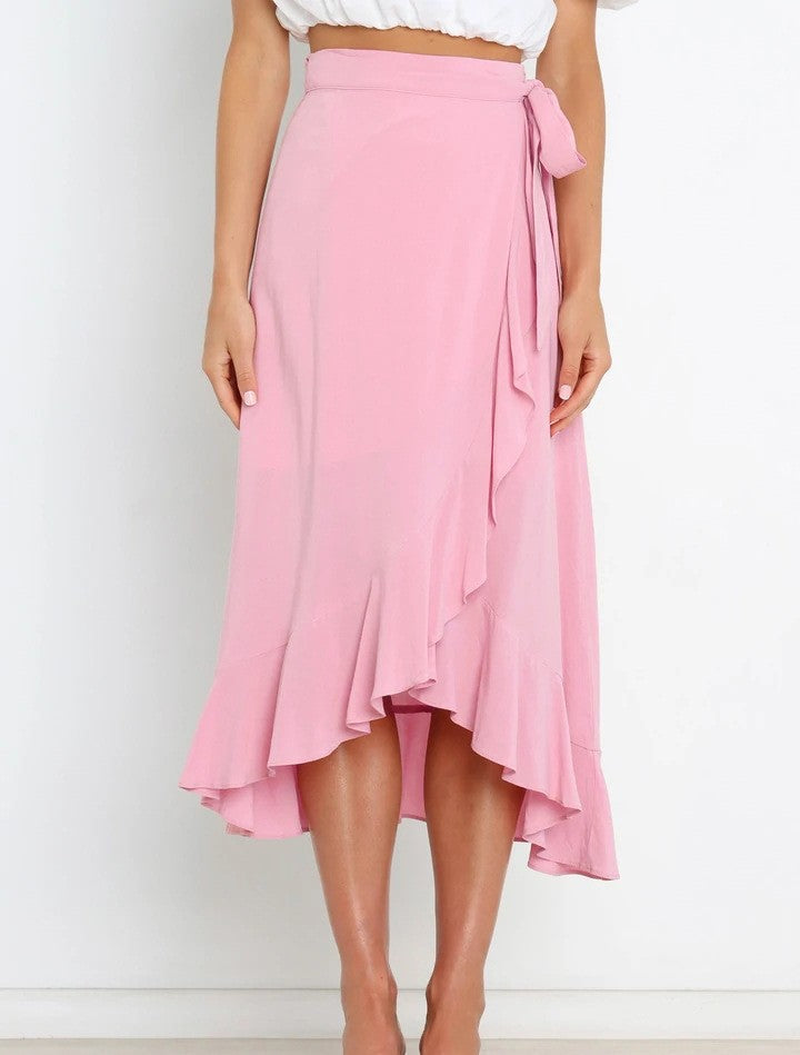 Ruffle Front Tie Waist Wrap Midi Skirt - Pink - 1