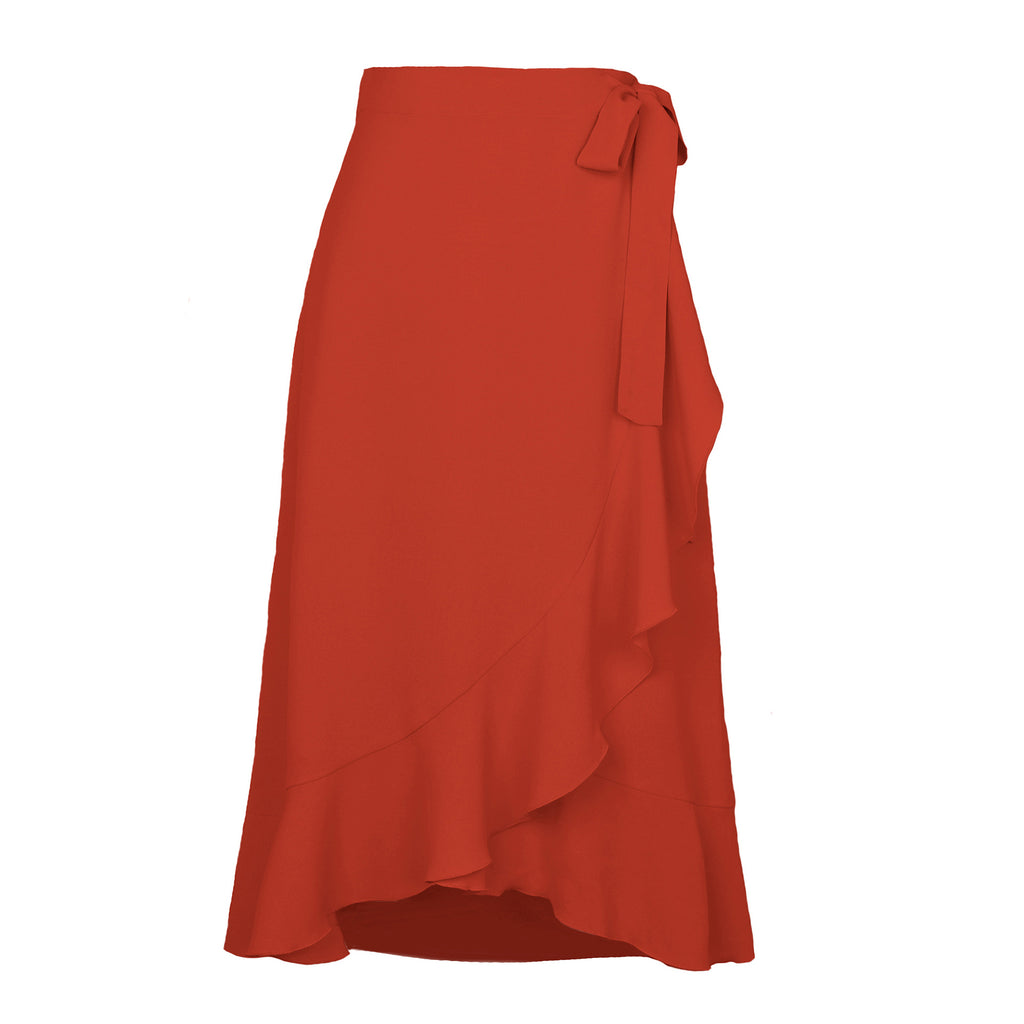 Ruffle Front Tie Waist Wrap Midi Skirt - Red